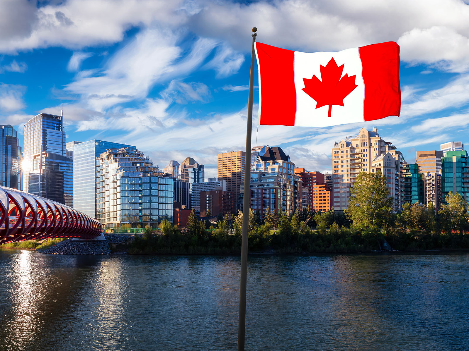 National,Canadian,Flag,Composite.,Peace,Bridge,Across,Bow,River,During